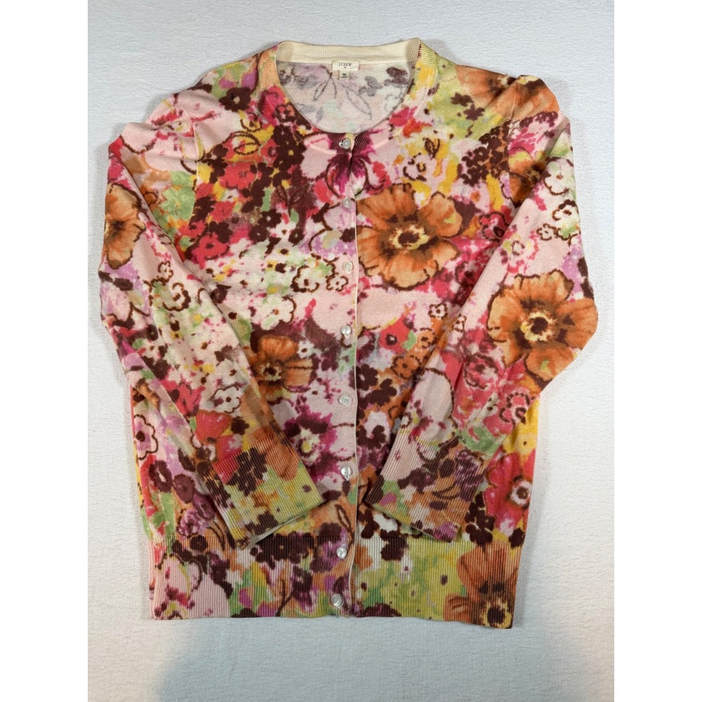 J.Crew Womens Floral Cotton Cardigan Sweater Pink Orange Multi Color Size M